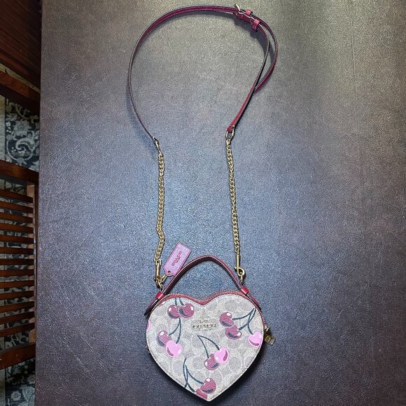 COACH Heart Crossbody Bag Signature Cherry Print Canvas CY706 Tan and Red - Picture 5 of 16